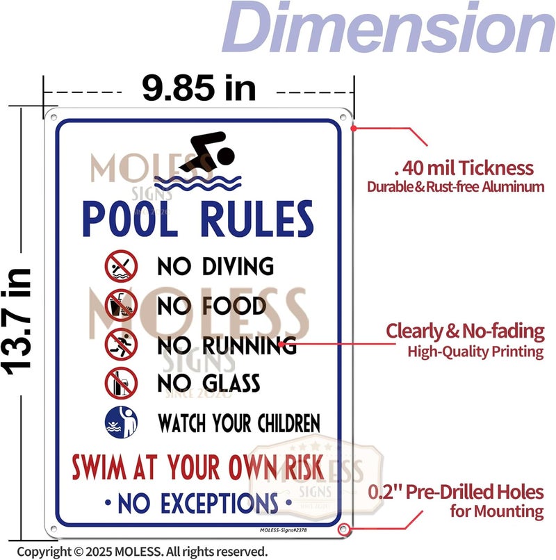 MOLESS 2 Pack Pool Rules Signs Outdoor – 14x10 Inch Pool Signs for Outside, Durable 0.040 Aluminum Weatherproof & UV Protected, Easy to Mount for Pool Safety, 2378-White - Image 2